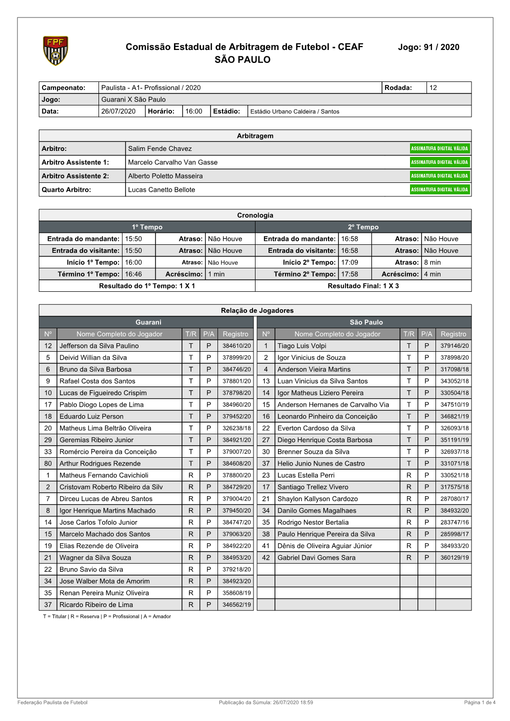 Comissão Estadual De Arbitragem De Futebol - CEAF Jogo: 91 / 2020 SÃO PAULO