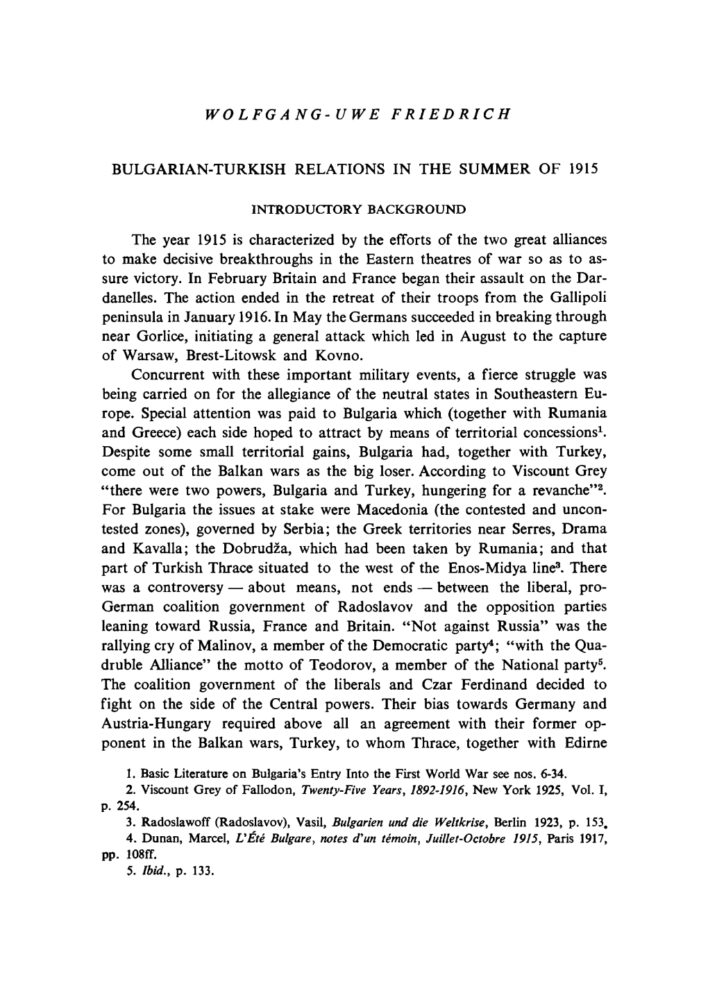 BULGARIAN-TURKISH RELATIONS in the SUMMER of 1915 The