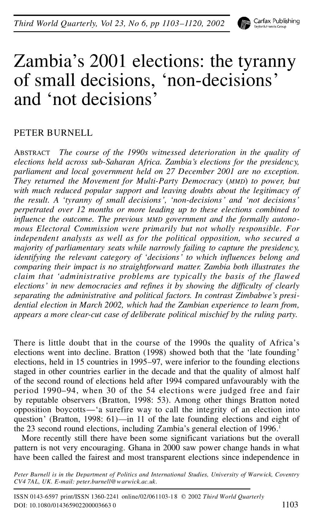 Zambia's 2001 Elections: the Tyranny of Small Decisions, 'Non-Decisions