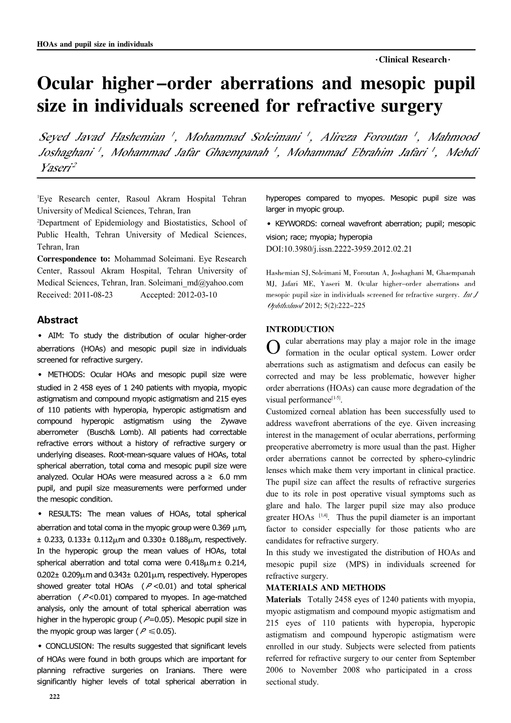 Ocular Higher-Order Aberrations and Mesopic Pupil Size in Individuals