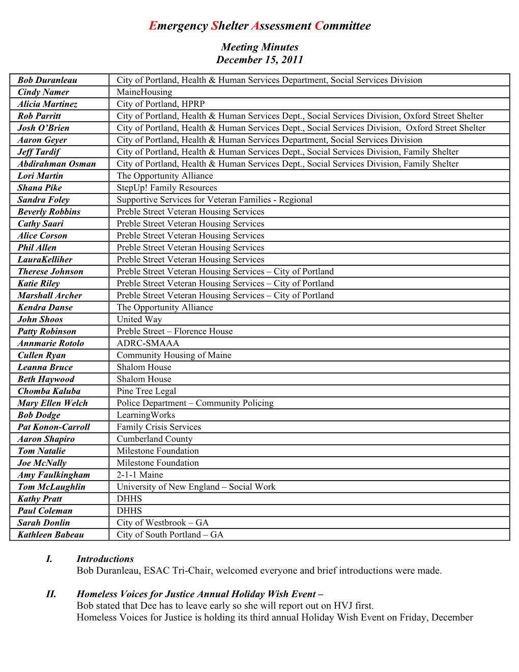 Emergency Shelter Assessment Committee