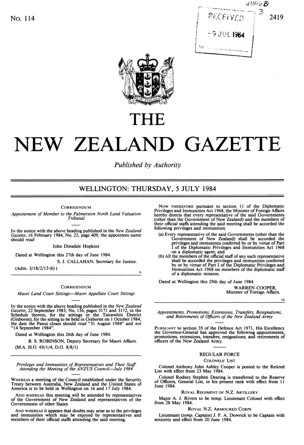 NEW ZEALAND GAZETTE Published by Authority