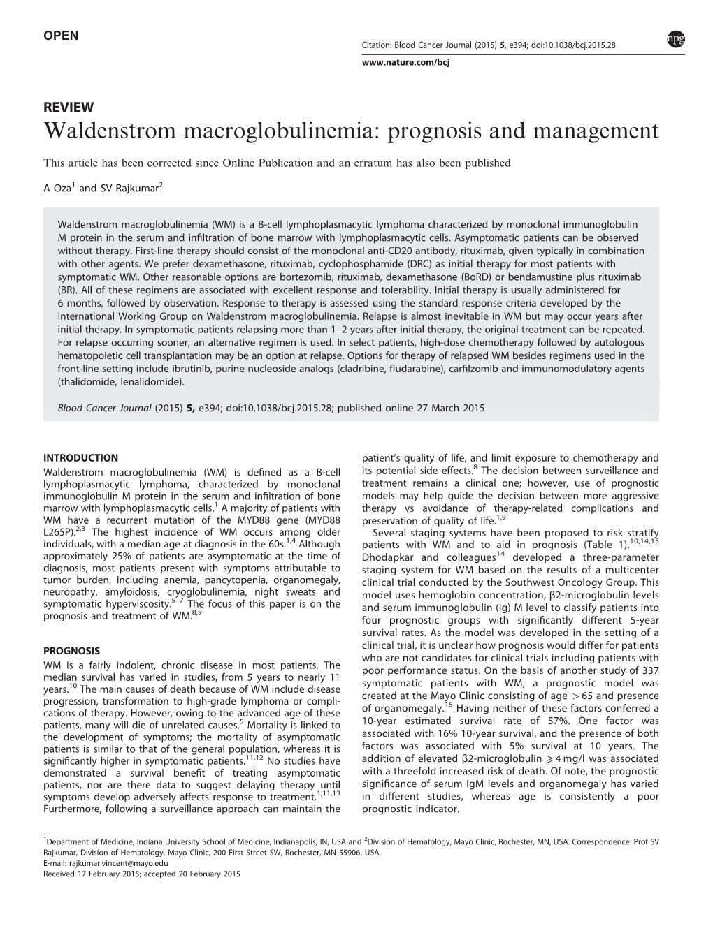 Waldenstrom Macroglobulinemia: Prognosis and Management