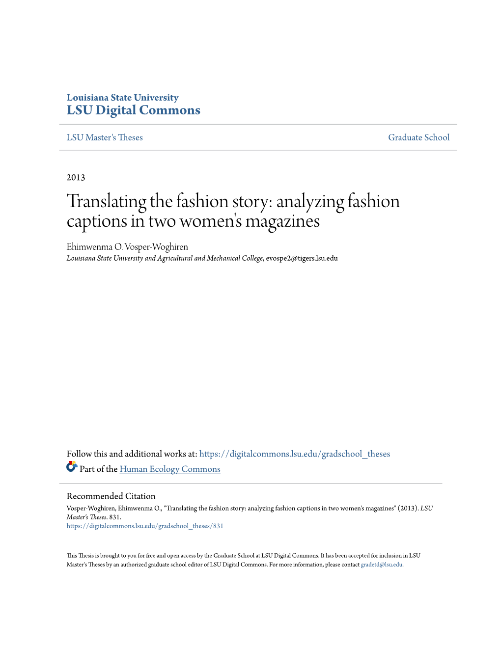 Translating the Fashion Story: Analyzing Fashion Captions in Two Women's Magazines Ehimwenma O