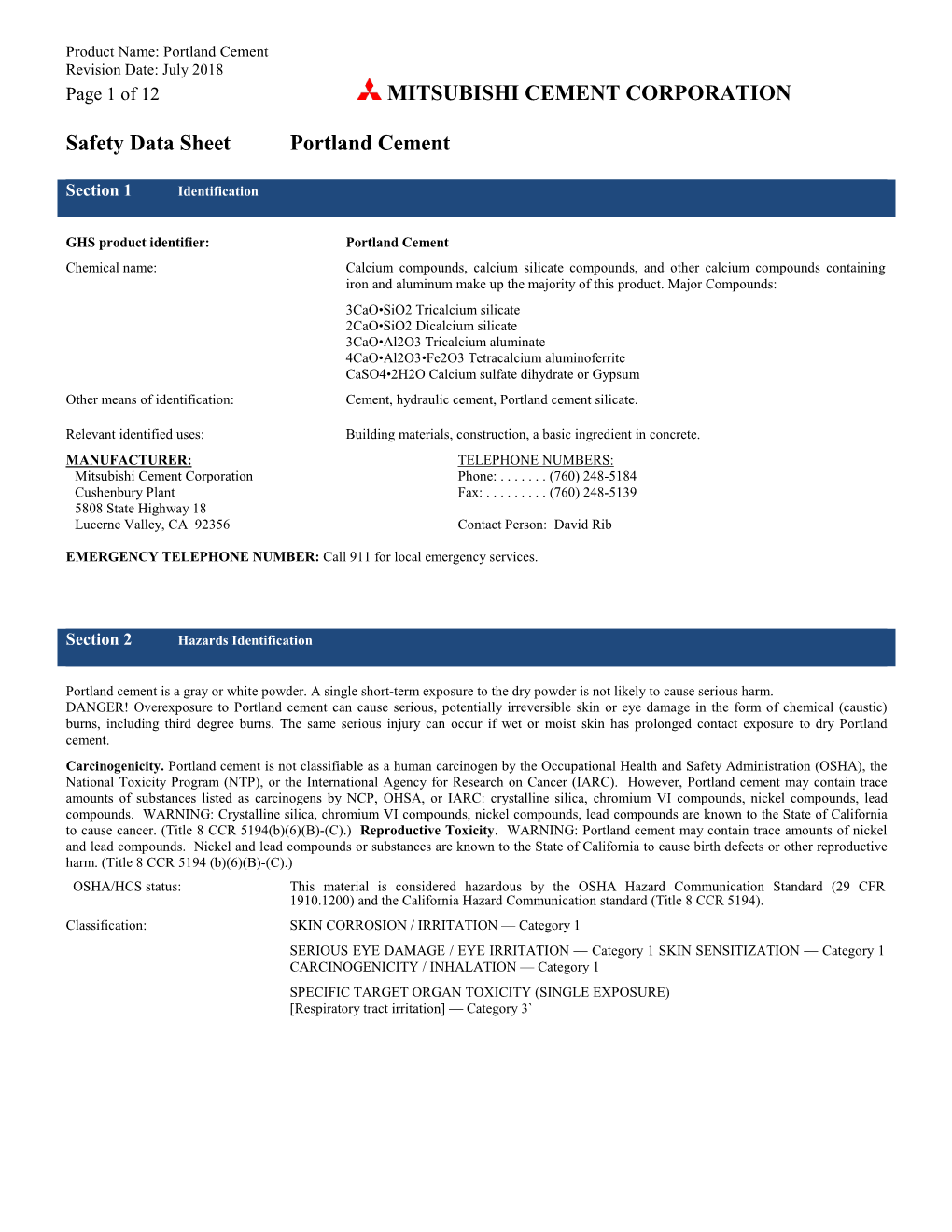 Cement Safety Data Sheet