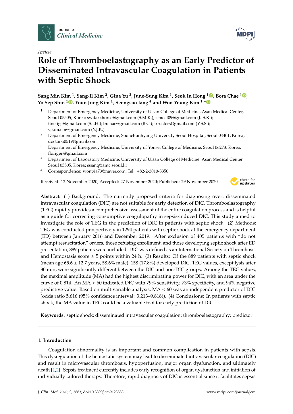 Role of Thromboelastography As an Early Predictor of Disseminated Intravascular Coagulation in Patients with Septic Shock