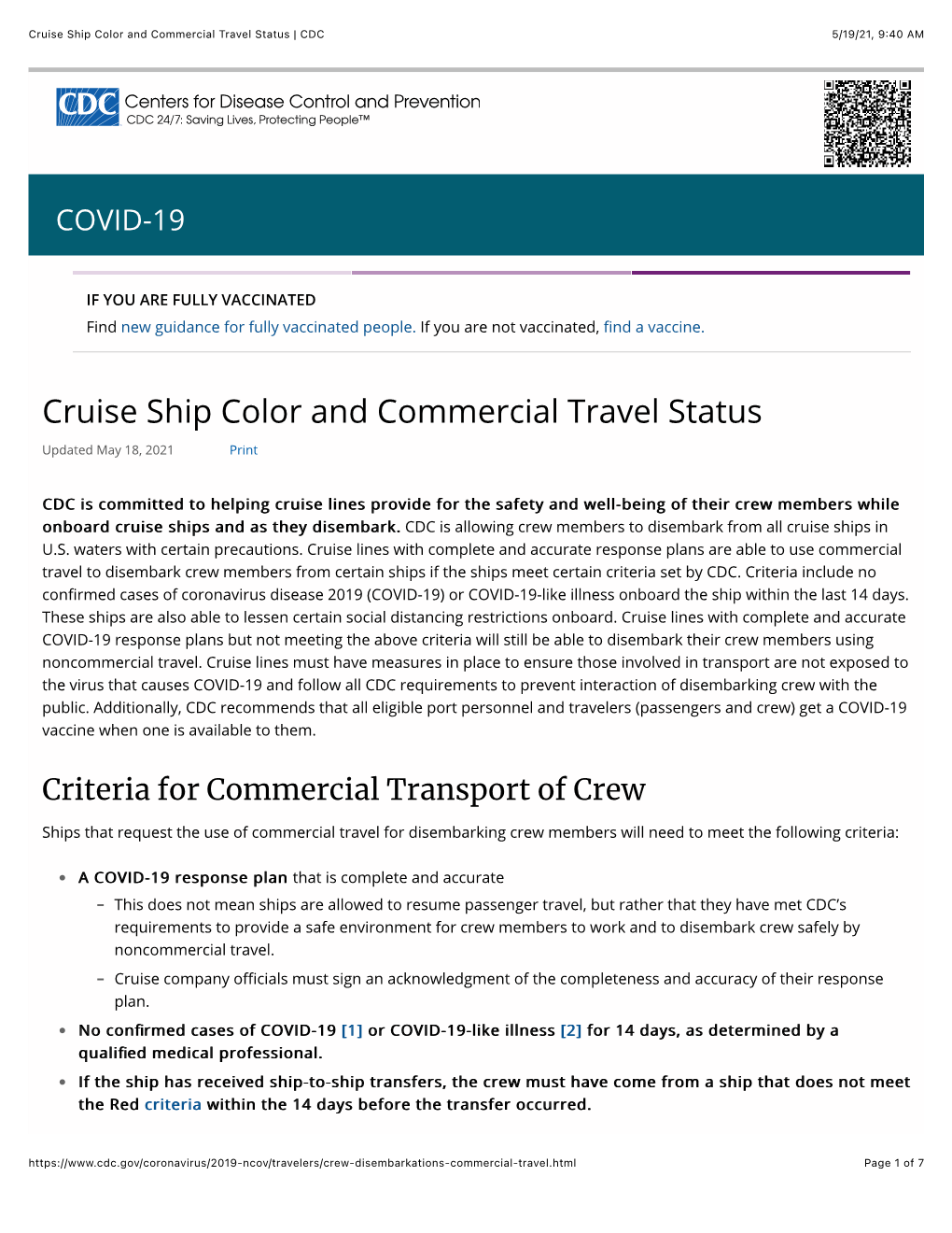 Cruise Ship Color and Commercial Travel Status | CDC 5/19/21, 9:40 AM