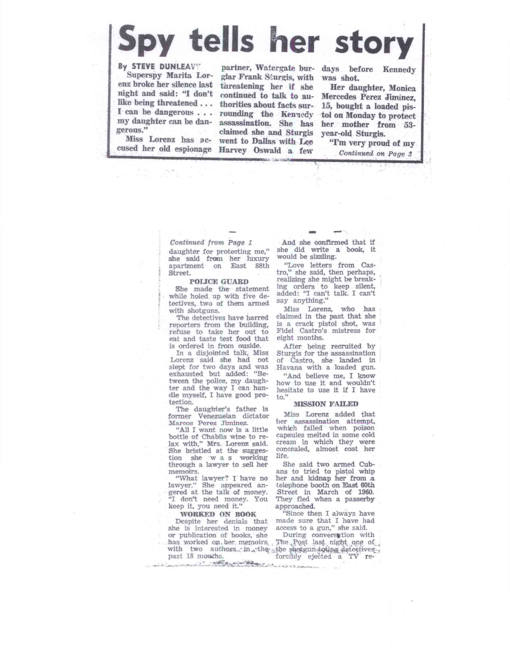 Spy Tells Her Story by STEVE DUNLEAV- Partner, Watergate Bur- Days Before Kennedy Superspy Marita Lor- Glar Frank Sturgis, with Was Shot