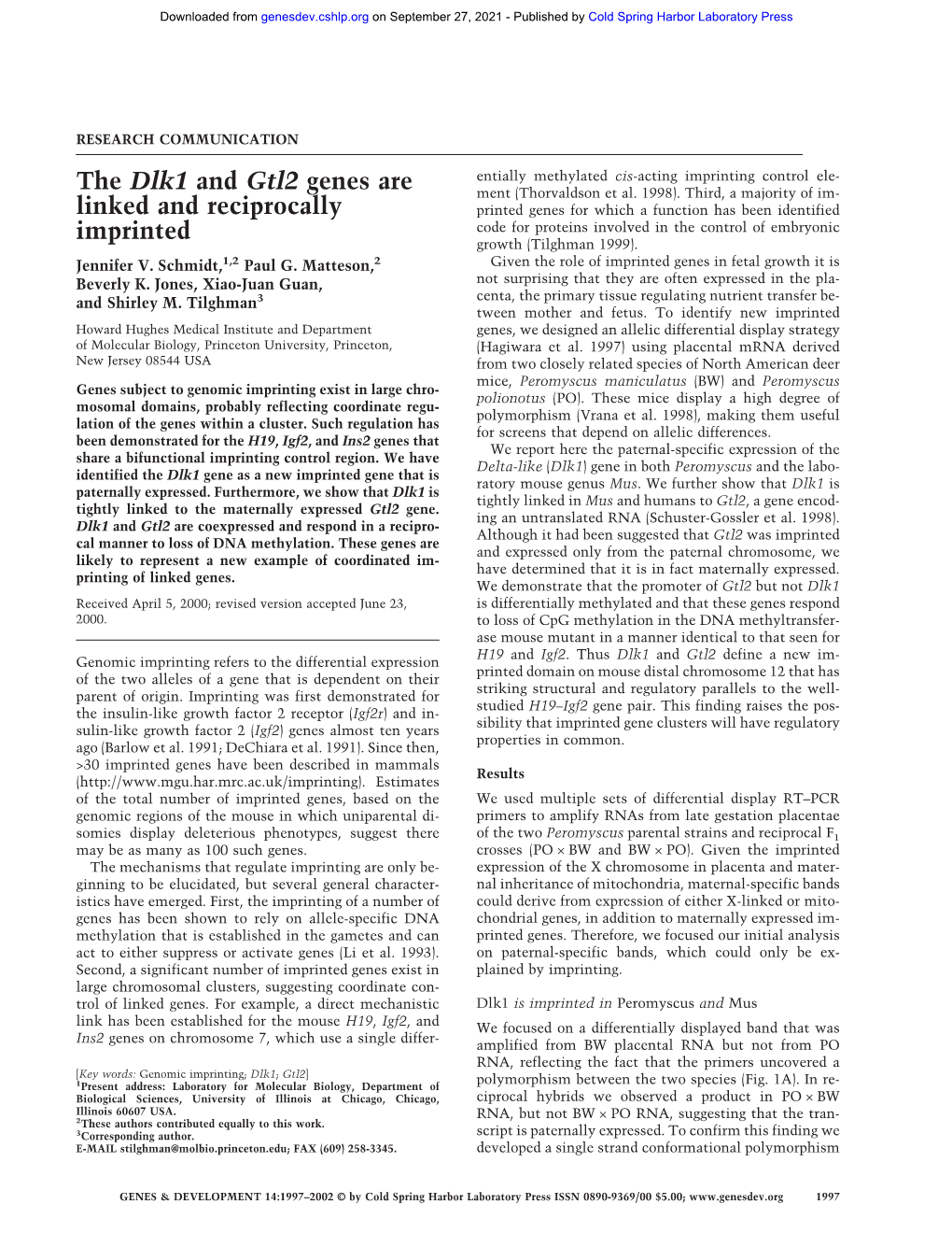 The Dlk1 and Gtl2 Genes Are Linked and Reciprocally Imprinted