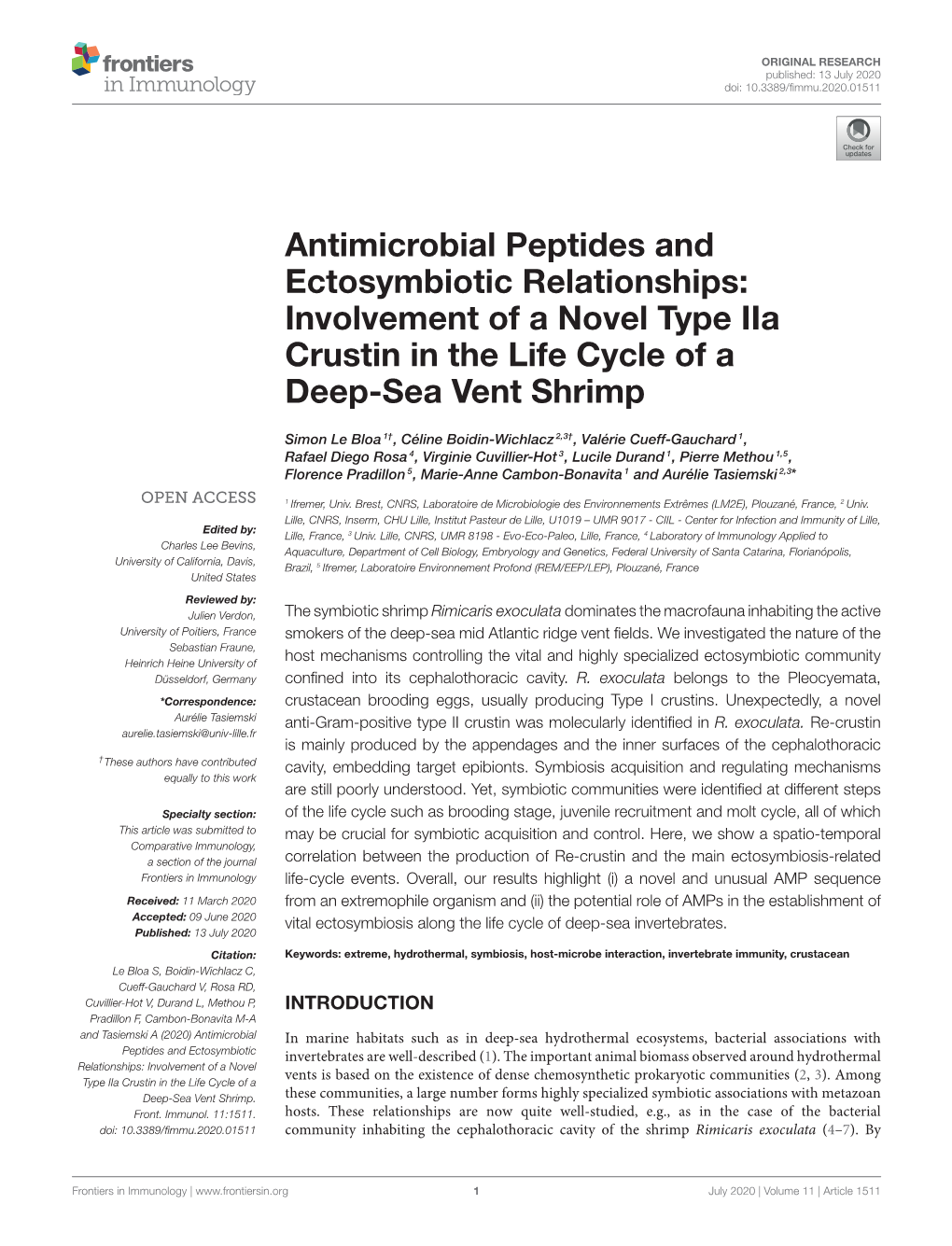 Antimicrobial Peptides and Ectosymbiotic Relationships: Involvement of a Novel Type Iia Crustin in the Life Cycle of a Deep-Sea Vent Shrimp