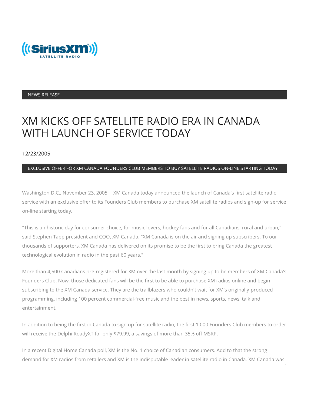 Xm Kicks Off Satellite Radio Era in Canada with Launch of Service Today