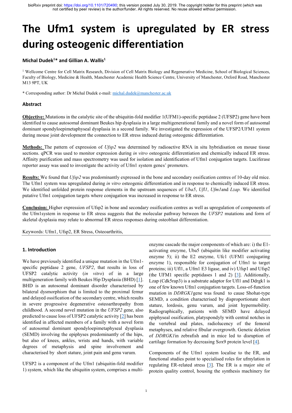 The Ufm1 System Is Upregulated by ER Stress During Osteogenic Differentiation