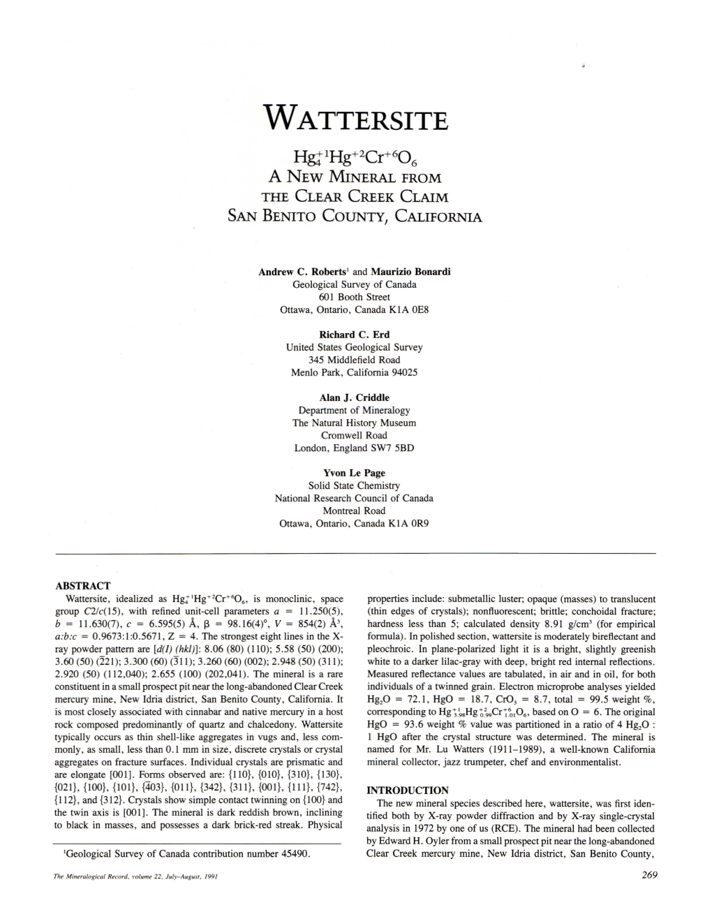 WATTERSITE Ri~Lrig+2C:R+6()6 a NEW MINERAL from the C:LEAR C:REEK C:LAIM SAN BENITO C:OUNTY, C:ALIFORNIA