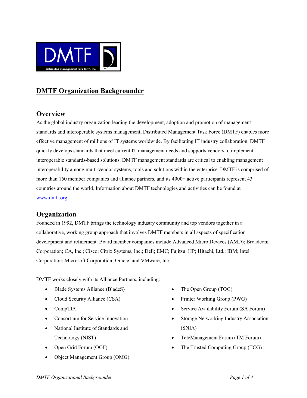 DMTF Organization Backgrounder Overview