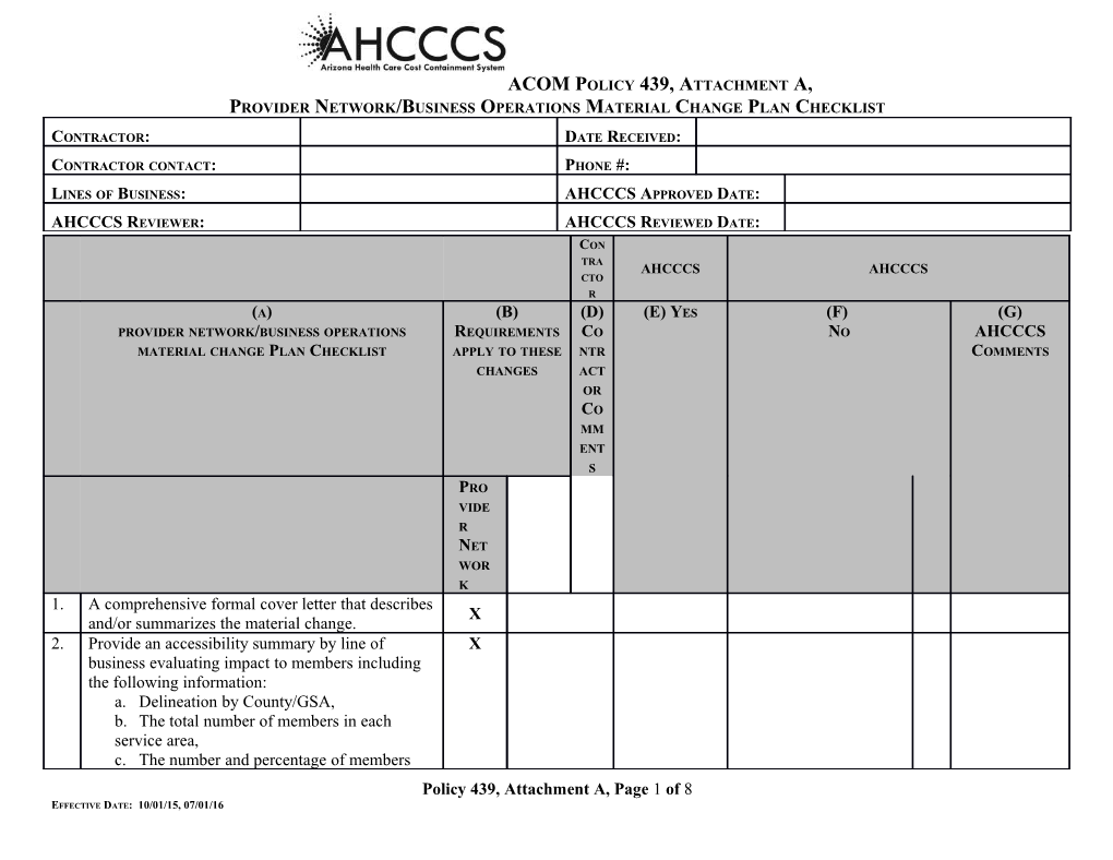 Provider Network/Business Operations Material Change Plan Checklist