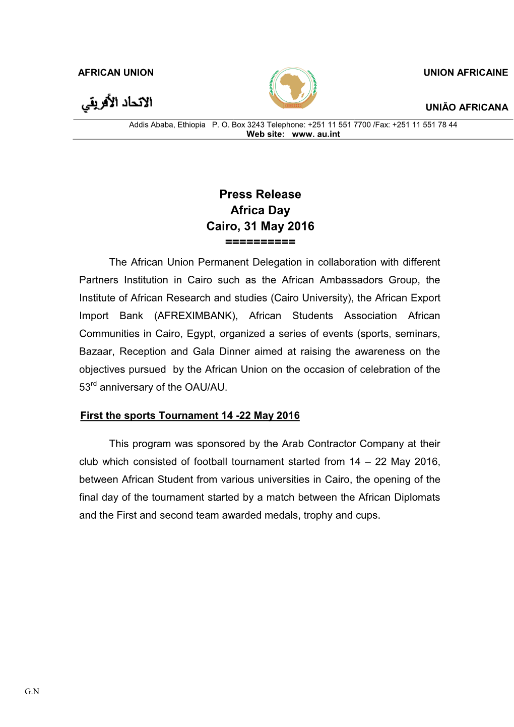 Press Release Africa Day Cairo, 31 May 2016