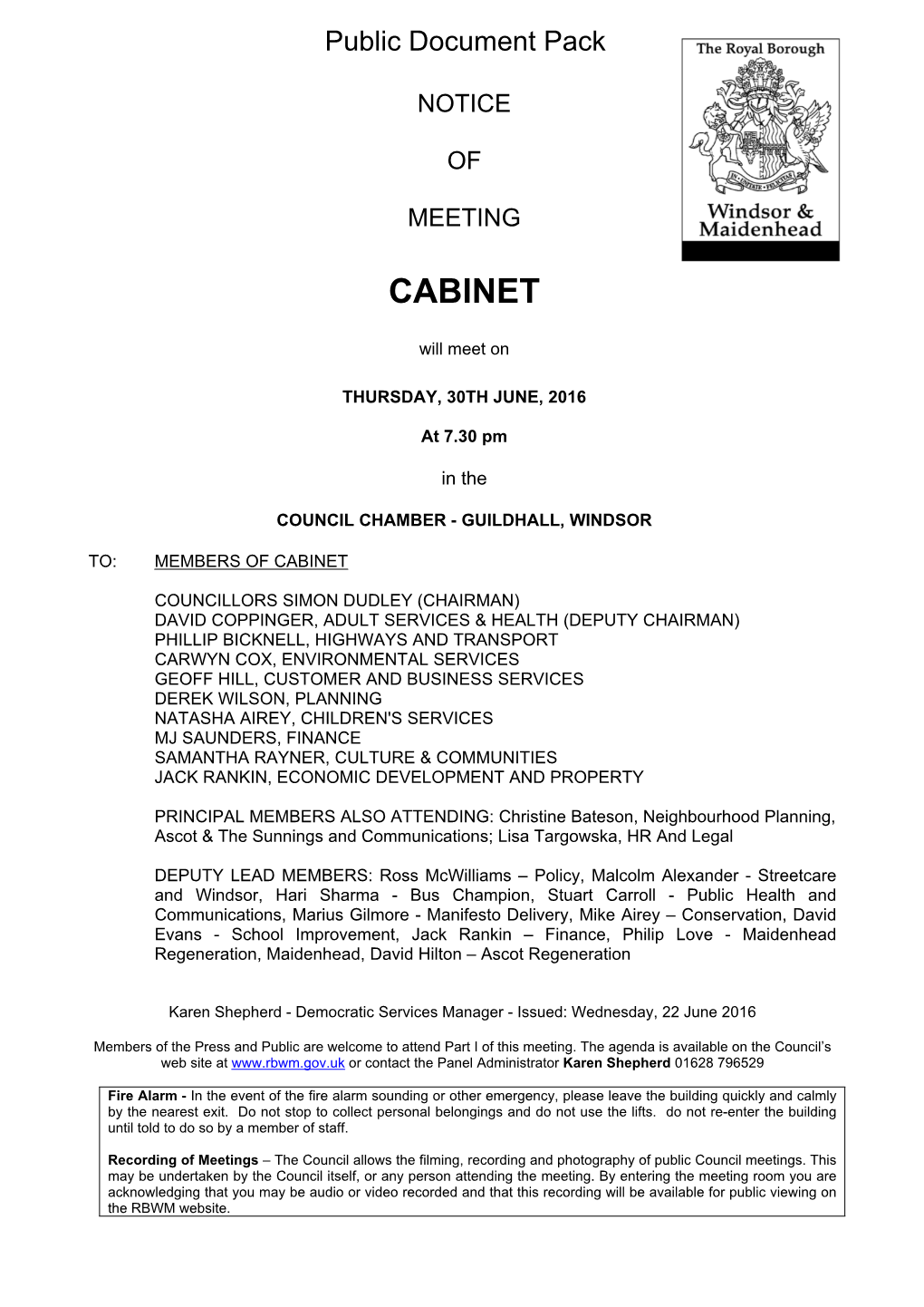 (Public Pack)Agenda Document for Cabinet, 30/06/2016 19:30