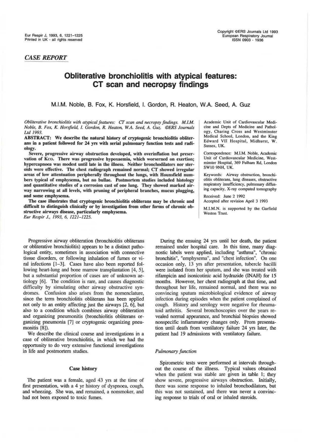 Obliterative Bronchiolitis with Atypical Features: CT Scan and Necropsy Findings