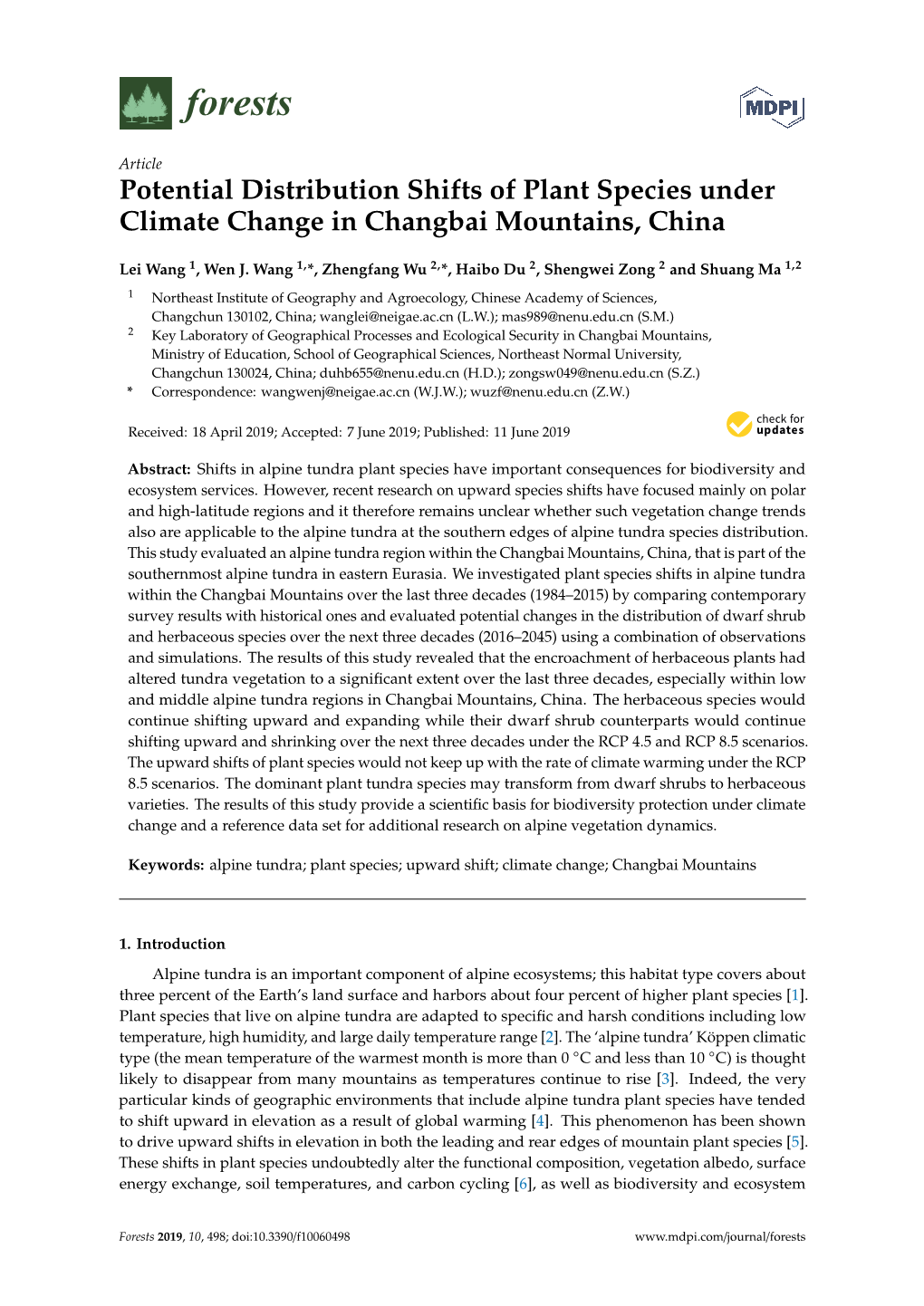 Potential Distribution Shifts of Plant Species Under Climate Change in Changbai Mountains, China