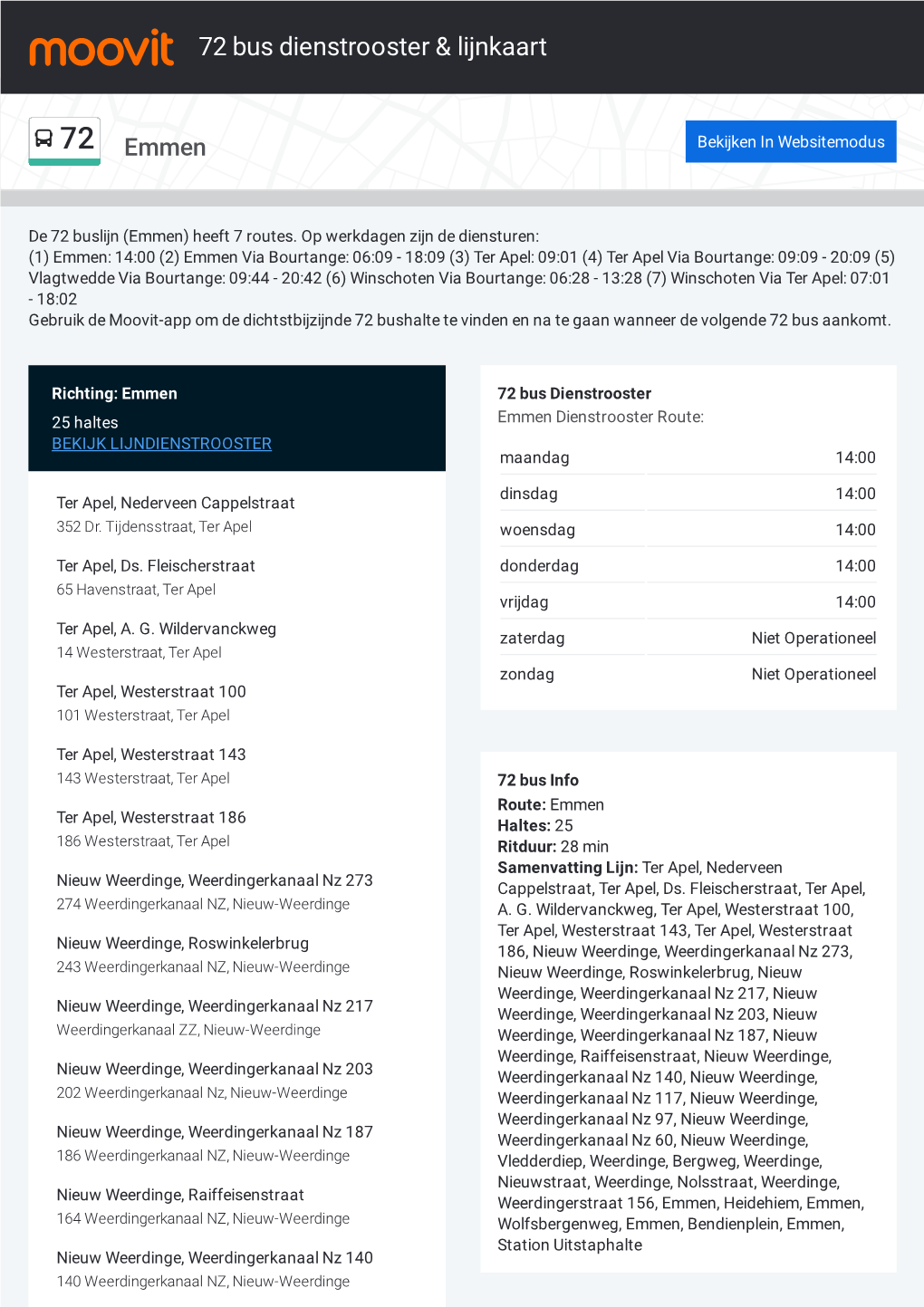 72 Bus Dienstrooster & Lijnroutekaart