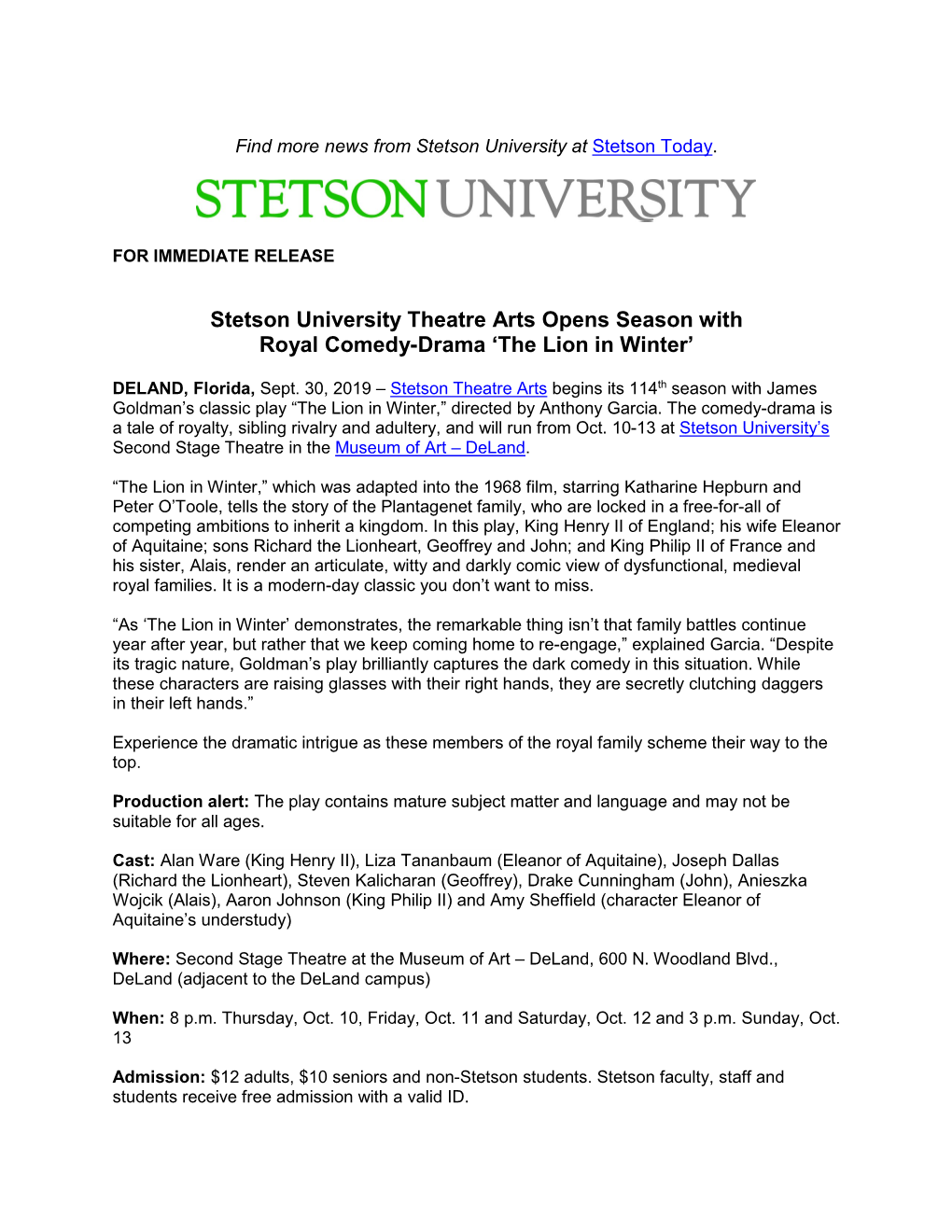 Stetson University Theatre Arts Opens Season with Royal Comedy-Drama ‘The Lion in Winter’