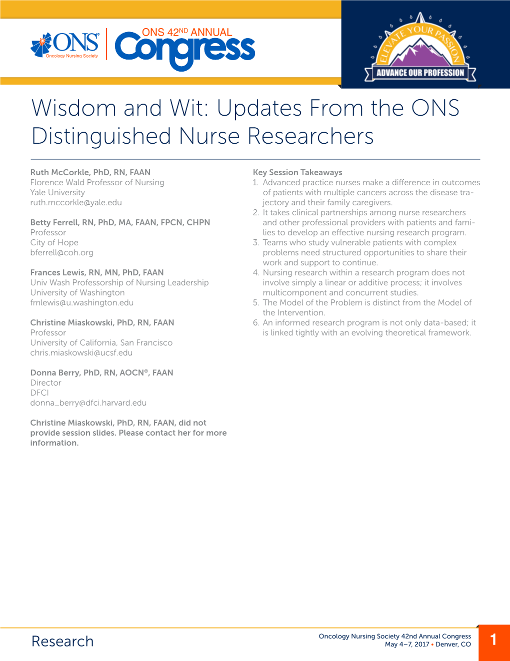 Wisdom and Wit: Updates from the ONS Distinguished Nurse Researchers