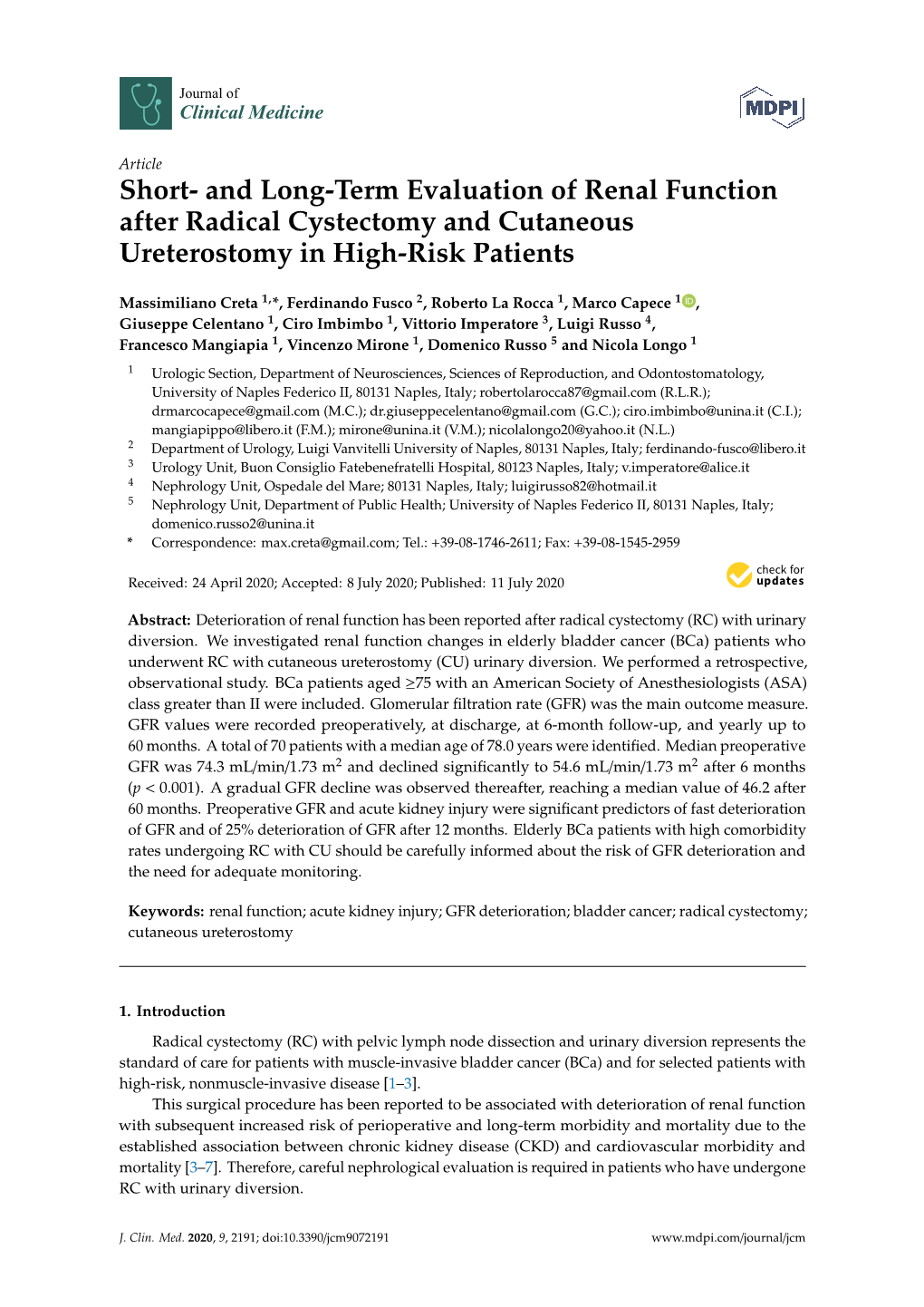 And Long-Term Evaluation of Renal Function After Radical Cystectomy and Cutaneous Ureterostomy in High-Risk Patients