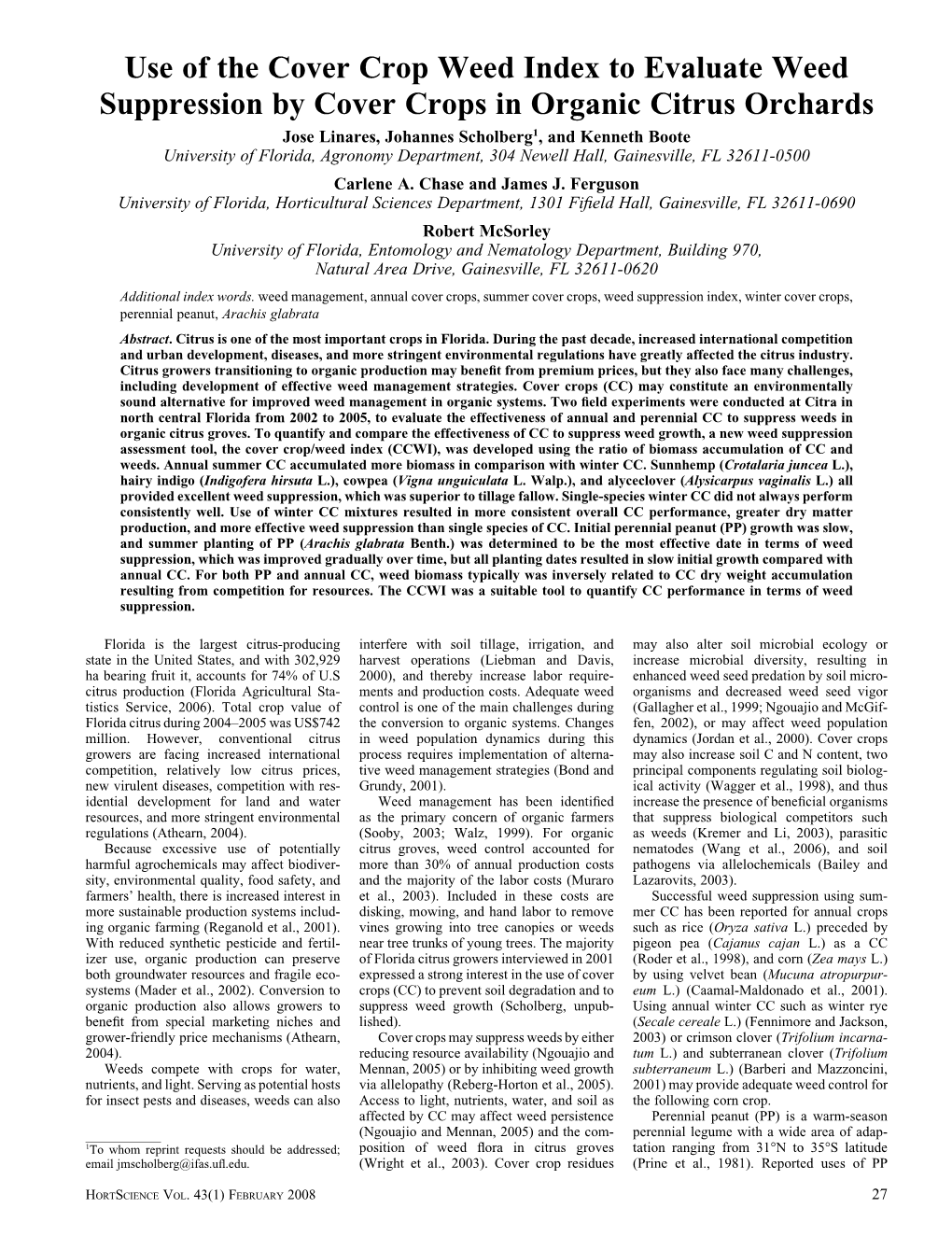 Use of the Cover Crop Weed Index to Evaluate Weed Suppression By