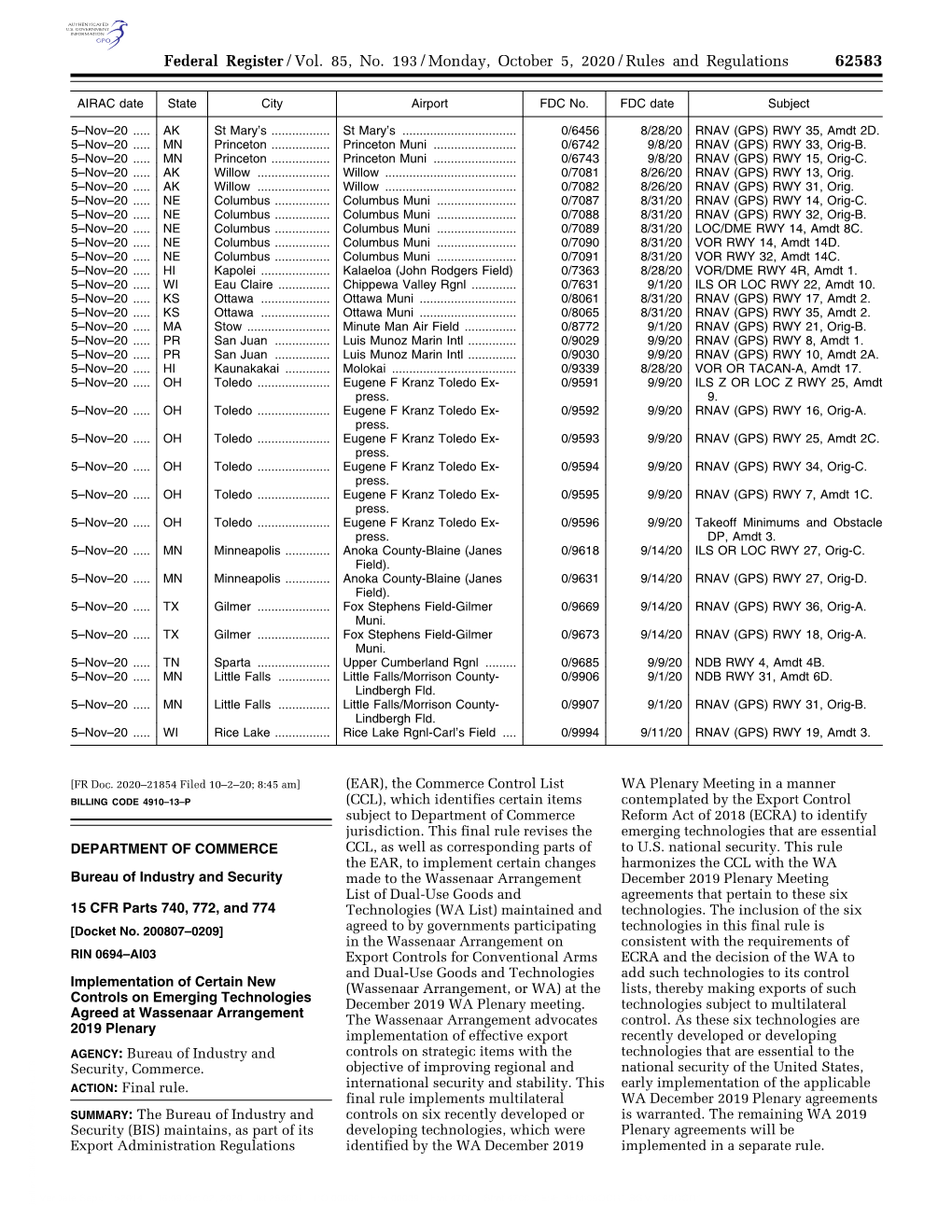 Federal Register/Vol. 85, No. 193/Monday, October 5, 2020