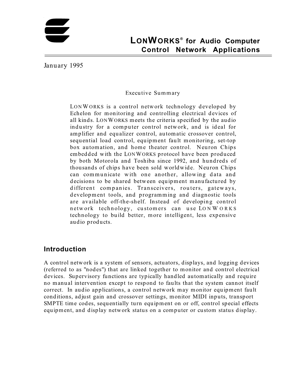 LONWORKS for Audio Computer Control Network Applications