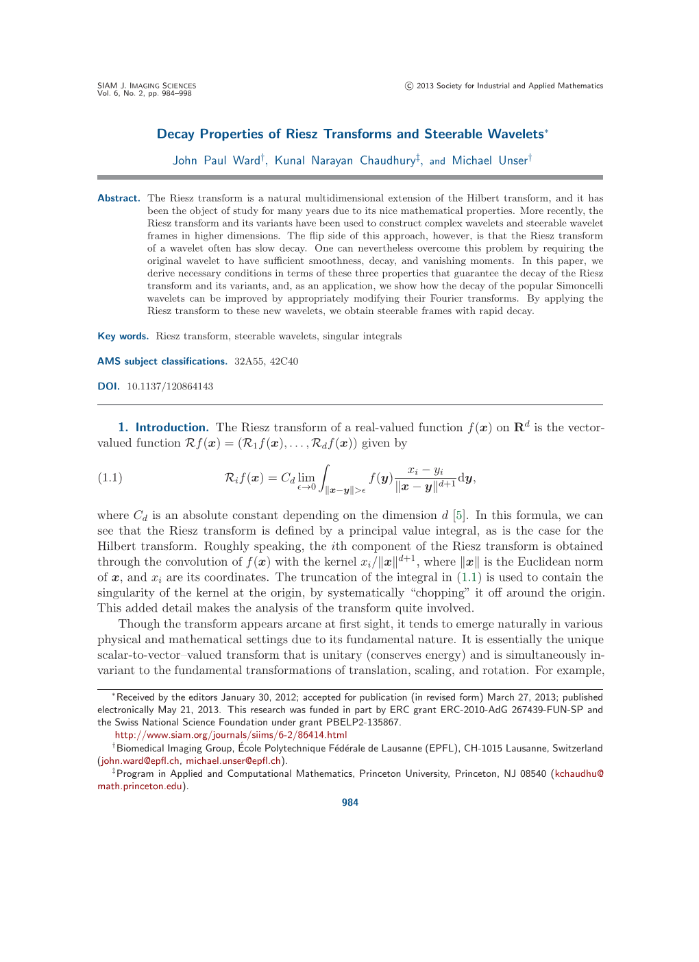 Decay Properties of Riesz Transforms and Steerable Wavelets∗