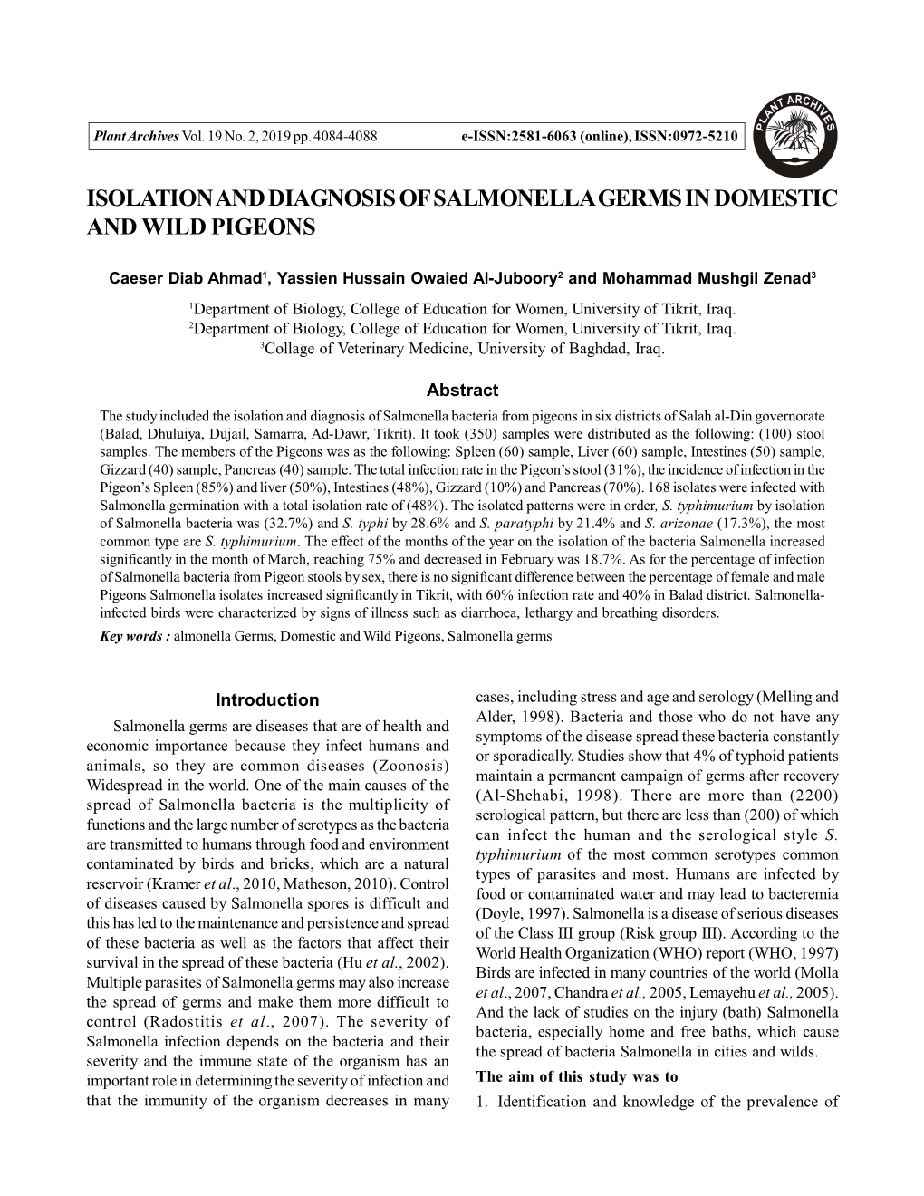 Isolation and Diagnosis of Salmonella Germs in Domestic and Wild Pigeons