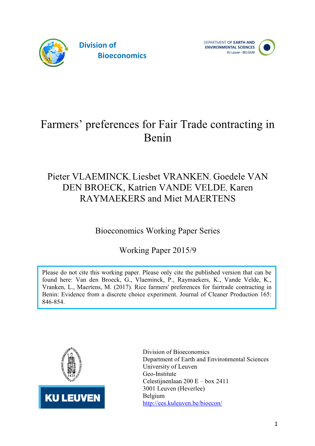 Farmers' Preferences for Fair Trade Contracting in Benin