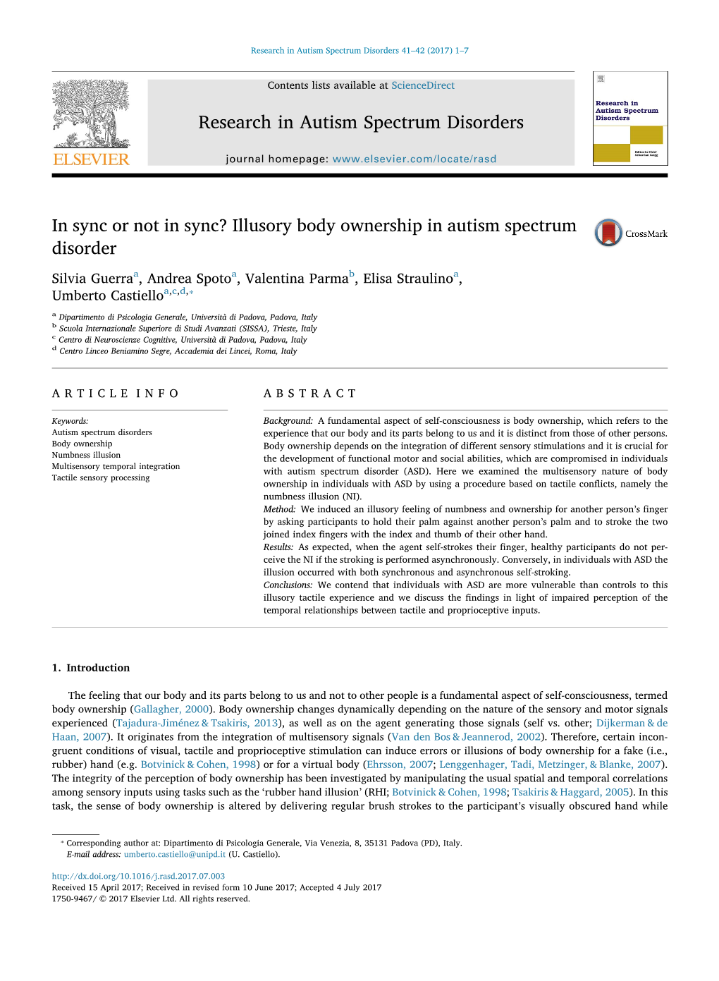 Illusory Body Ownership in Autism Spectrum Disorder