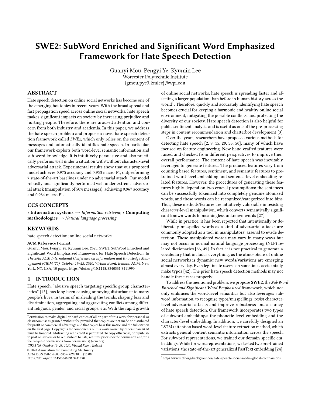 Subword Enriched and Significant Word Emphasized Framework for Hate Speech Detection