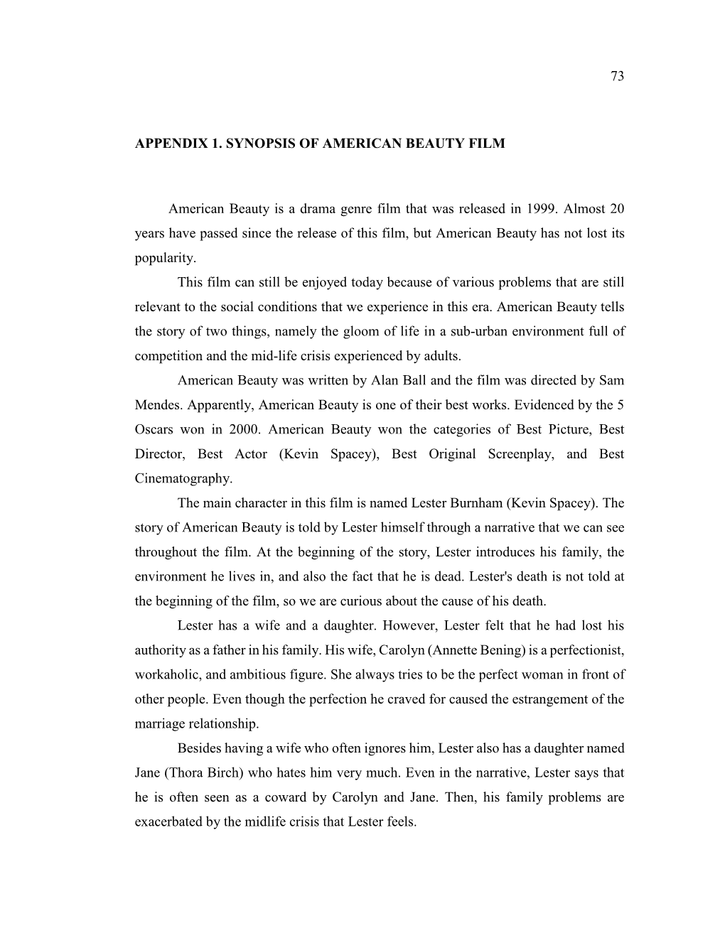 73 Appendix 1. Synopsis of American Beauty Film