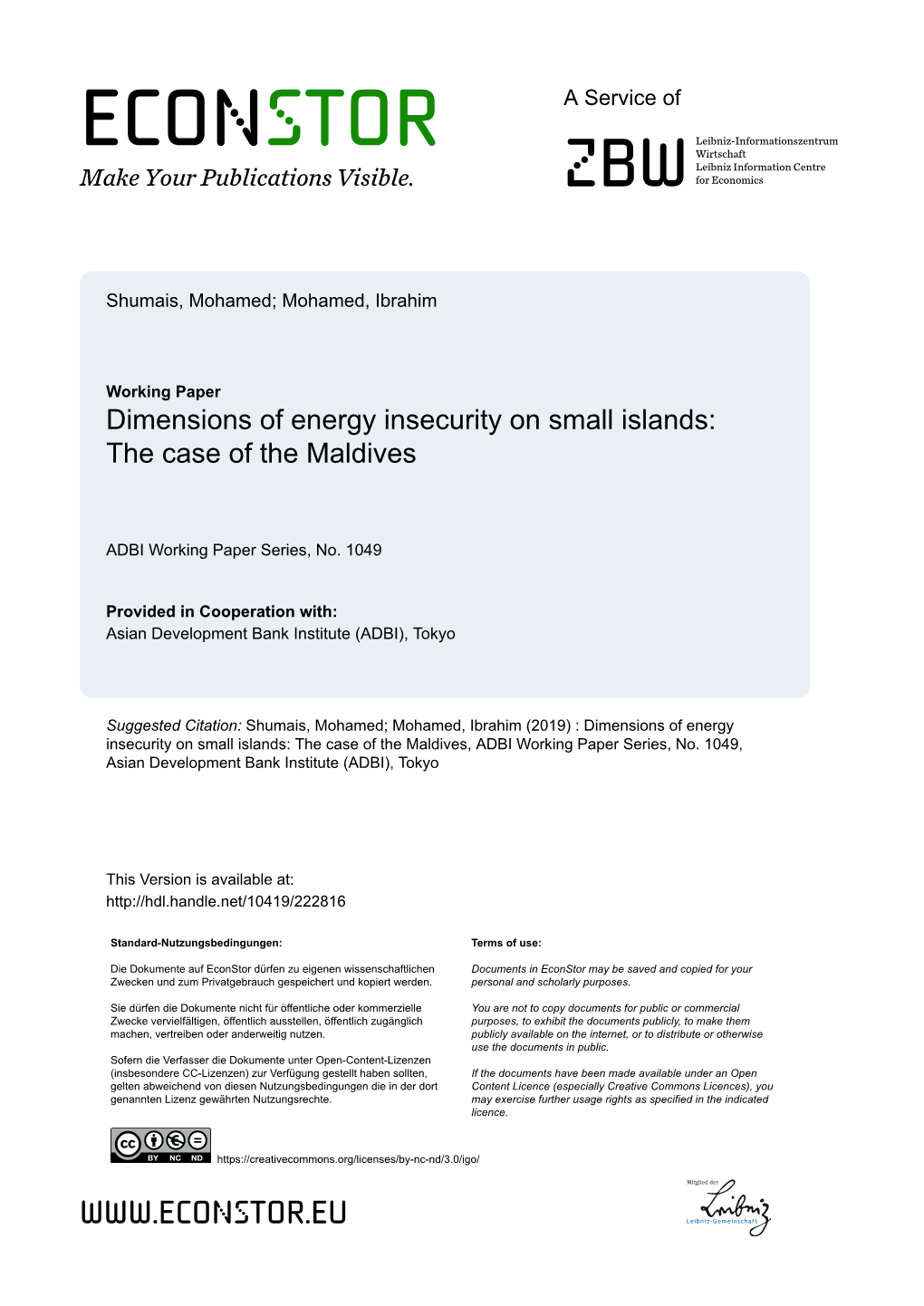 Dimensions of Energy Insecurity on Small Islands: the Case of the Maldives