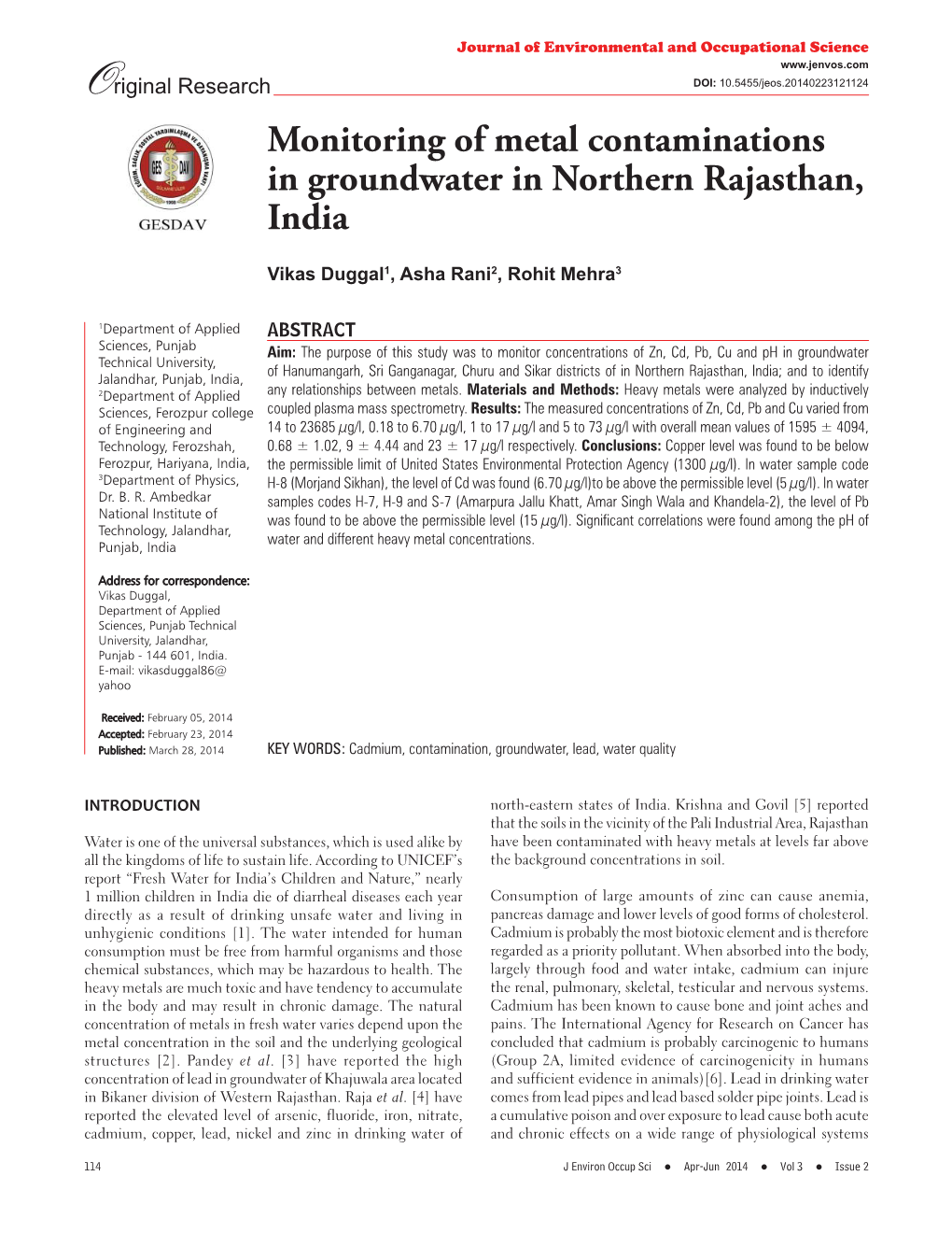Monitoring of Metal Contaminations in Groundwater in Northern Rajasthan, India
