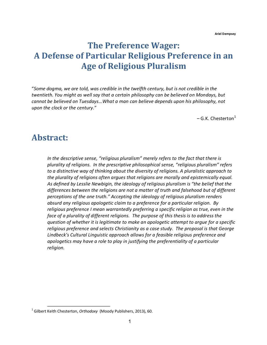 A Defense of Particular Religious Preference in an Age of Religious Pluralism