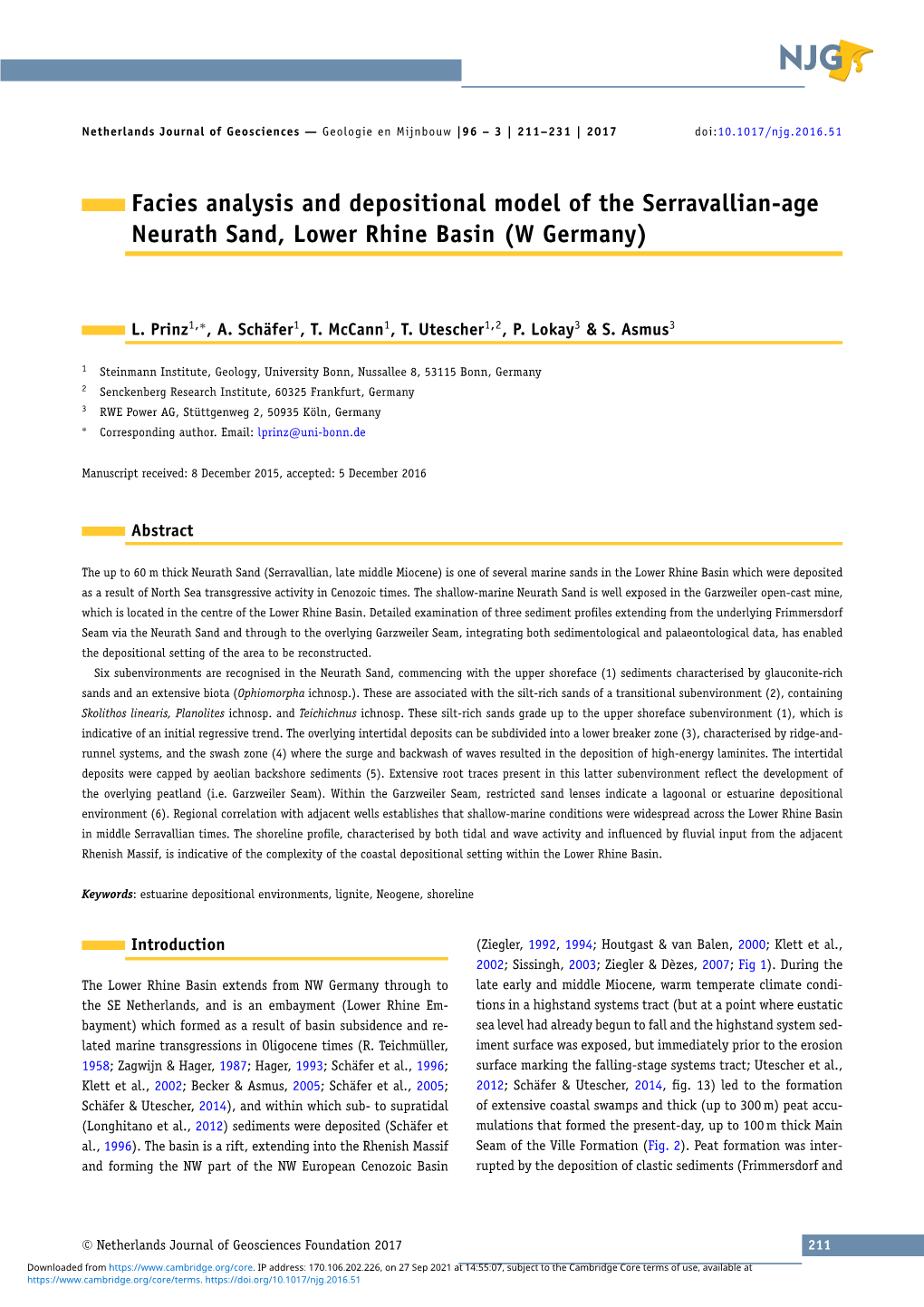 Facies Analysis and Depositional Model of the Serravallian-Age Neurath Sand, Lower Rhine Basin (W Germany)