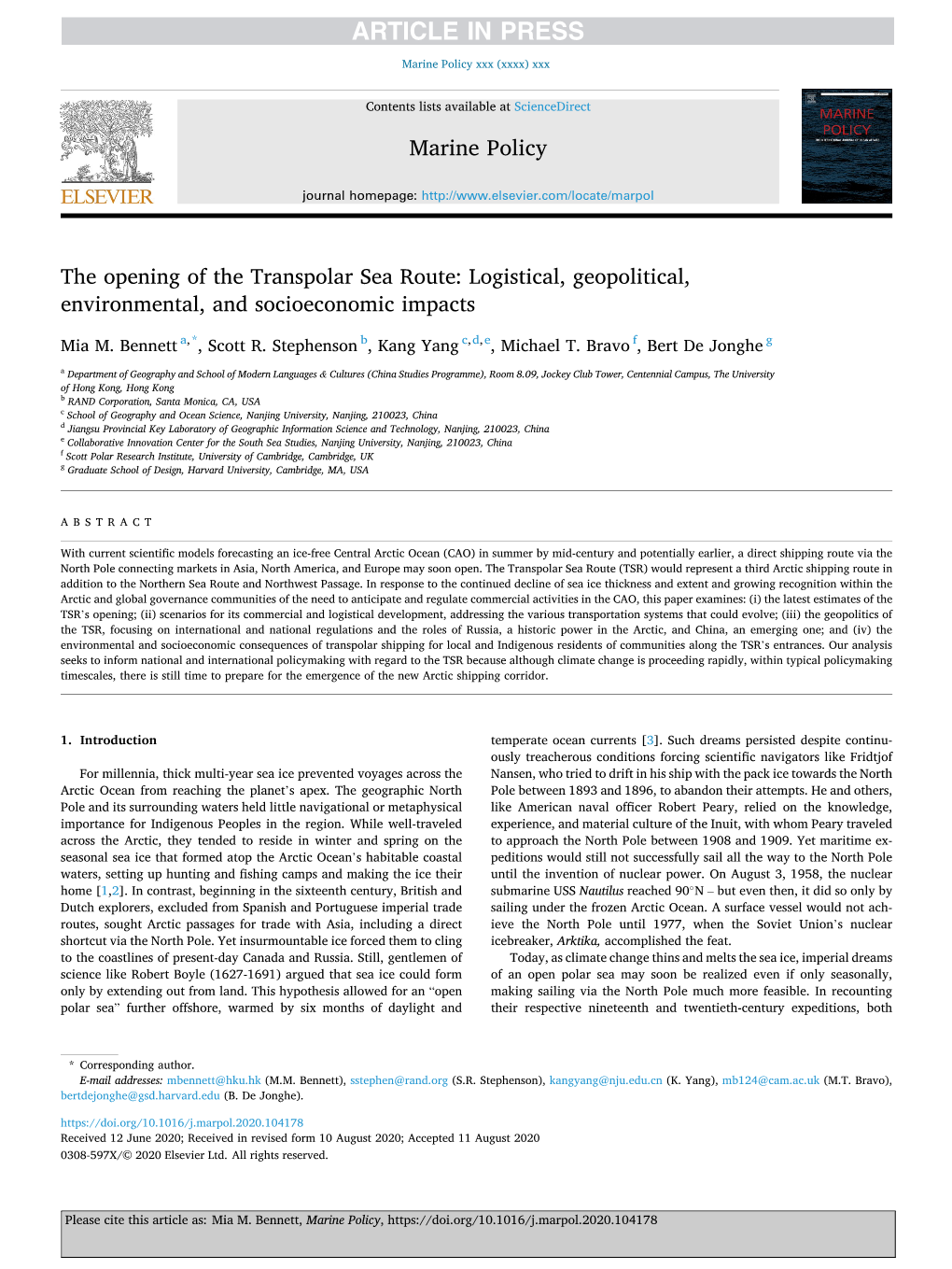 The Opening of the Transpolar Sea Route: Logistical, Geopolitical, Environmental, and Socioeconomic Impacts