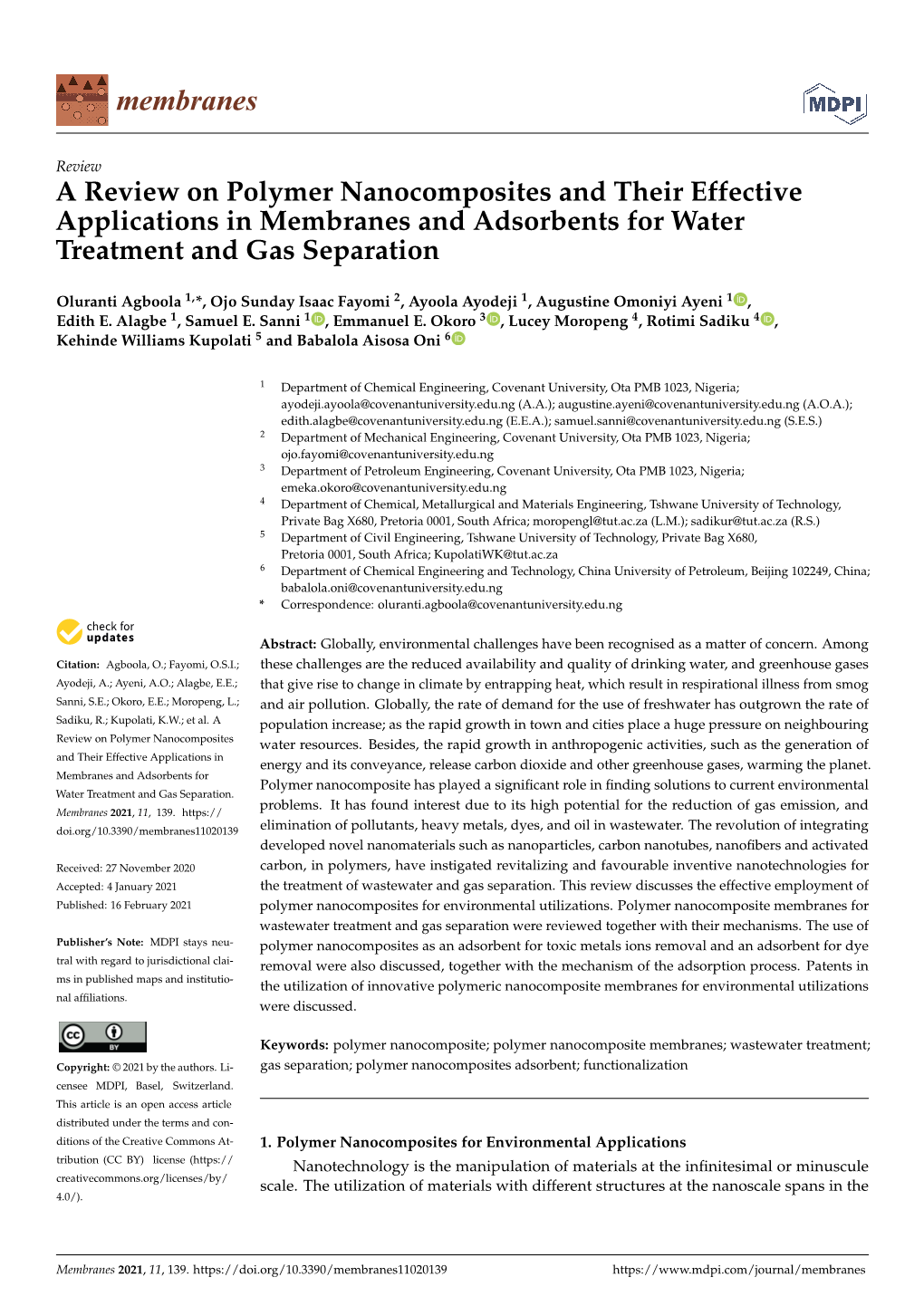 A Review on Polymer Nanocomposites and Their Effective Applications in Membranes and Adsorbents for Water Treatment and Gas Separation