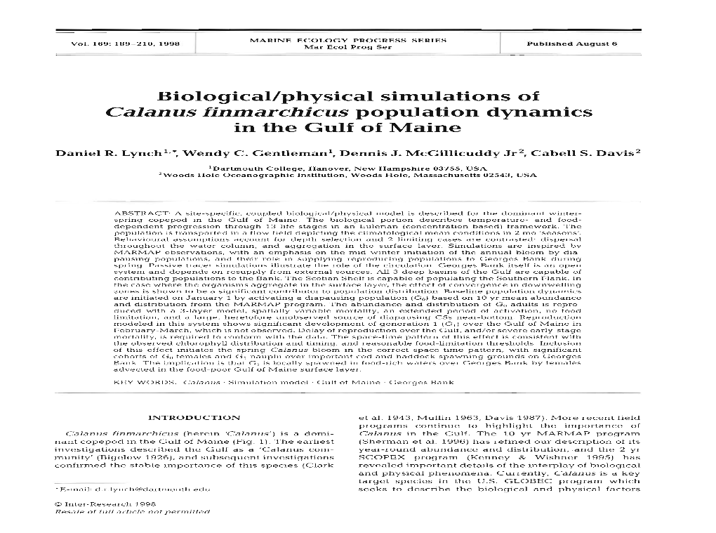 Biological/Physical Simulations of Calanus Finmarchicus Population