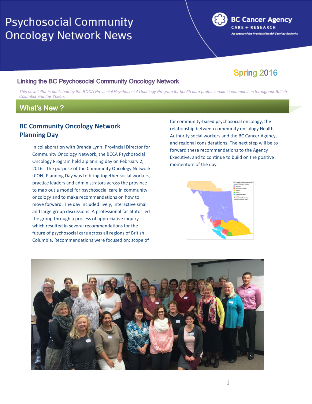 Spring 2016 Linking the BC Psychosocial Community Oncology Network