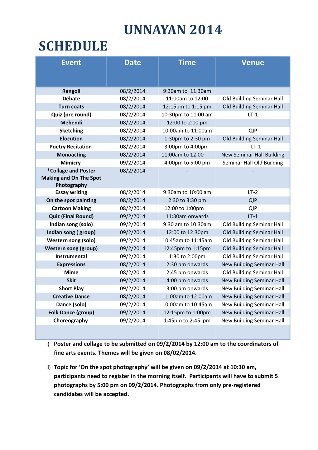 Unnayan 2014 Schedule