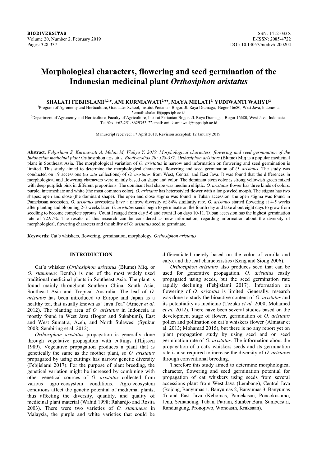 Morphological Characters, Flowering and Seed Germination of the Indonesian Medicinal Plant Orthosiphon Aristatus