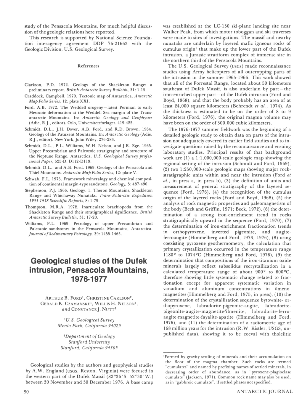 Geological Studies of the Dufek Intrusion, Pensacola Mountains