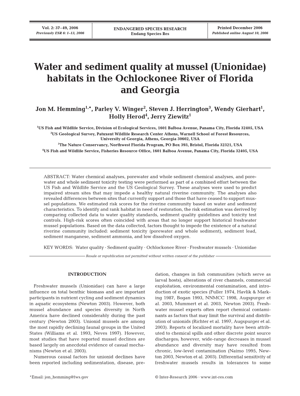 Water and Sediment Quality at Mussel (Unionidae) Habitats in the Ochlockonee River of Florida and Georgia