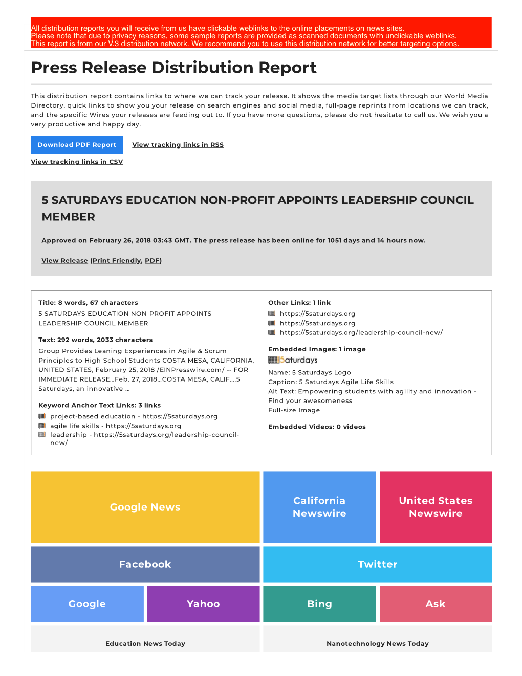 Press Release Distribution Report