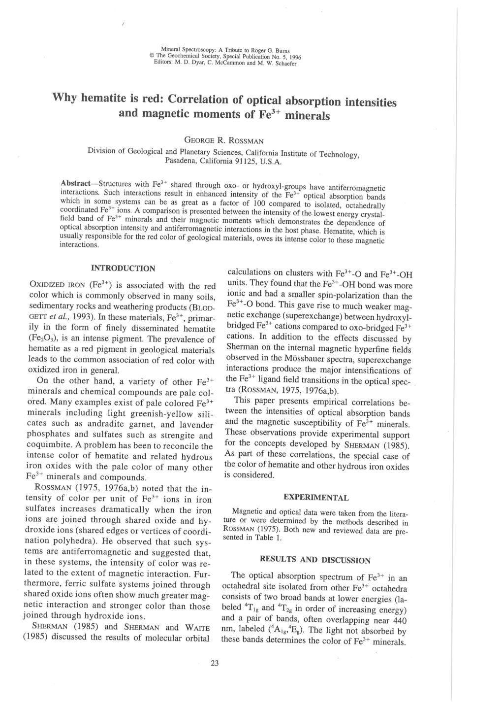 Why Hematite Is Red: Correlation of Optical Absorption Intensities and Magnetic Moments of Fe3+ Minerals